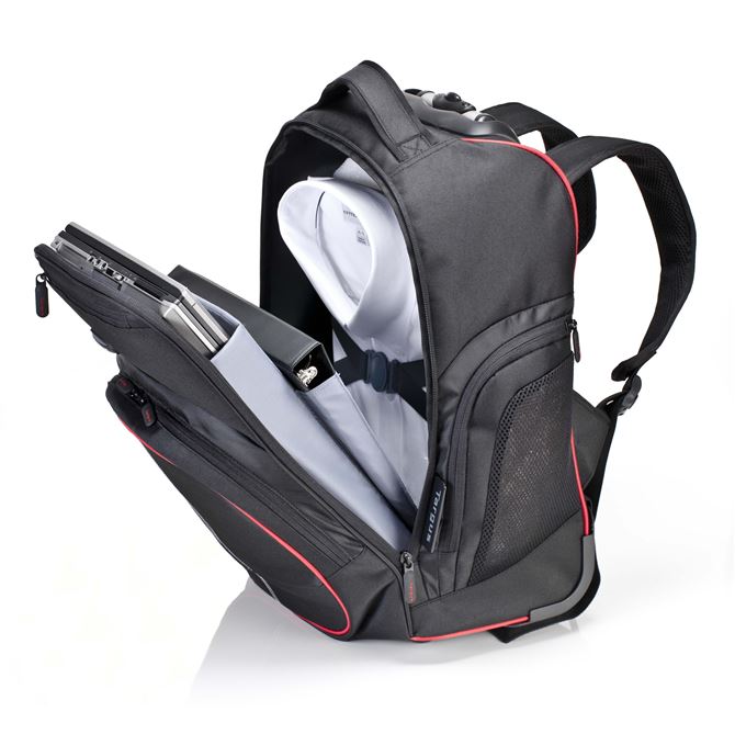 16” Compact Rolling Backpack TSB75001US Black/Red Accent Rollers