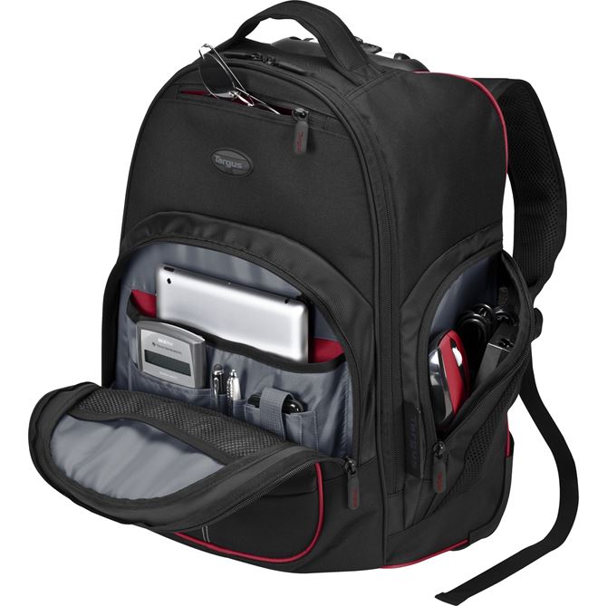 16” Compact Rolling Backpack TSB75001US Black/Red Accent Rollers