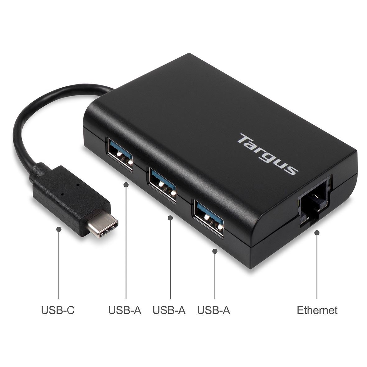 USB-C Hub To 3 x USB-A Ethernet - Black