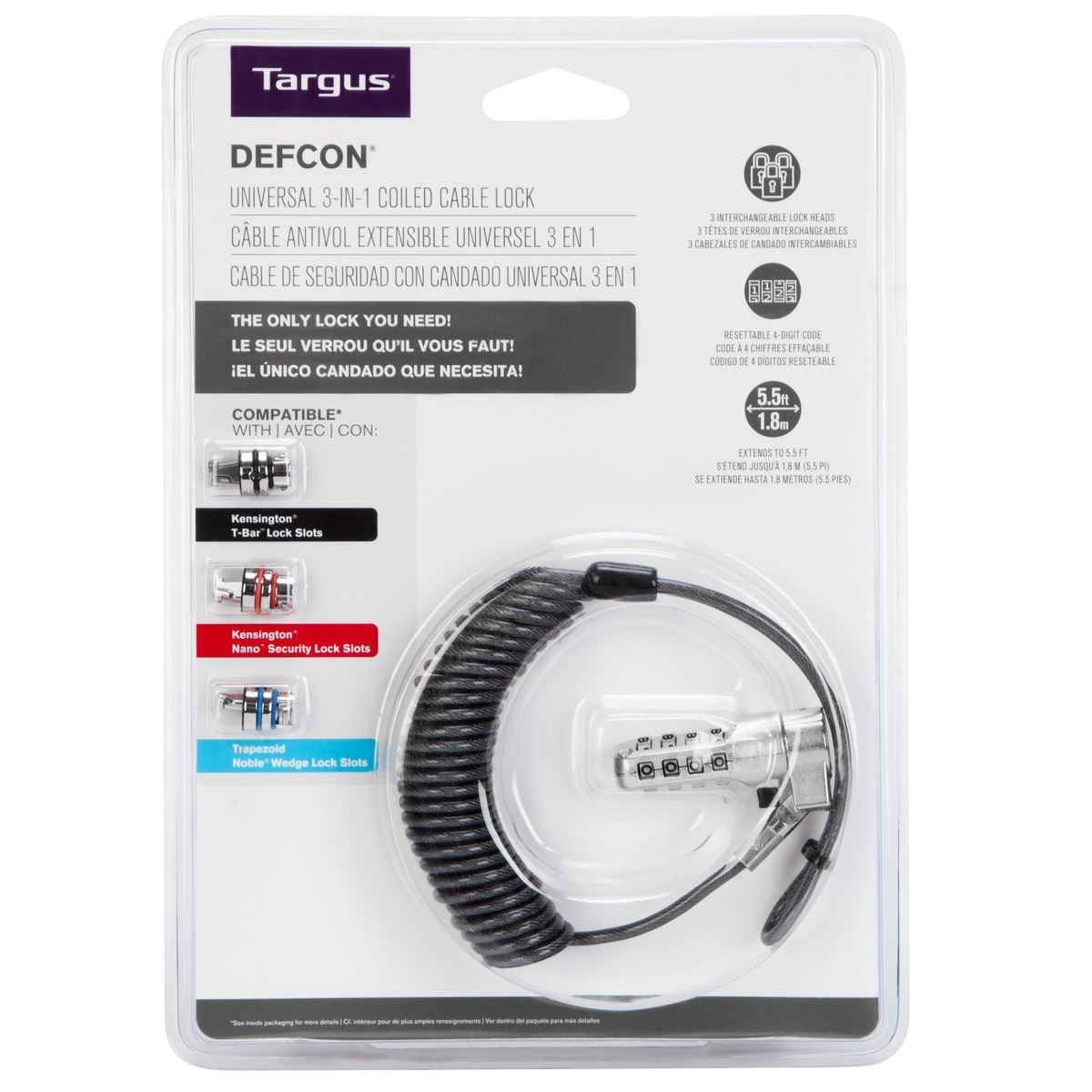 DEFCON 3 in 1 Resettable Coiled Cable Combination Lock