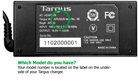 Your model number is located on the label on the underside of your Targus charger.